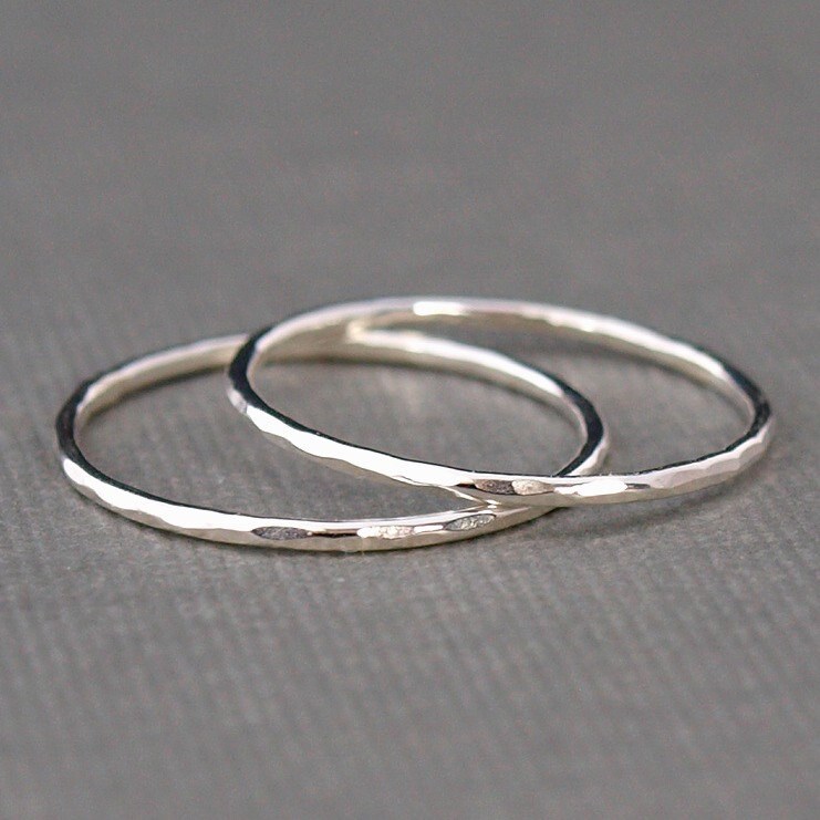 Thin Sterling Silver Rings set of two bands Hammered Rings