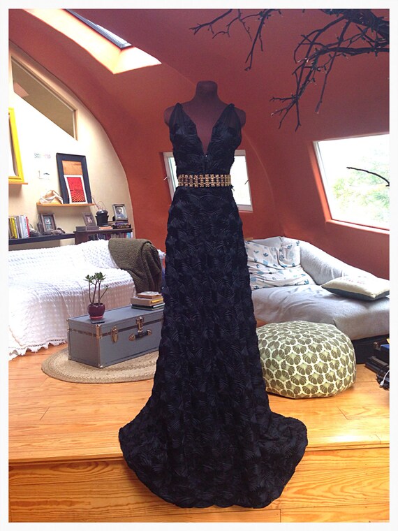 Items similar to Long Black Rose Textured Dramatic Gown with V-Neck and ...
