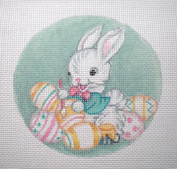 Items similar to Handpainted Bunny Painting Easter Eggs needlepoint