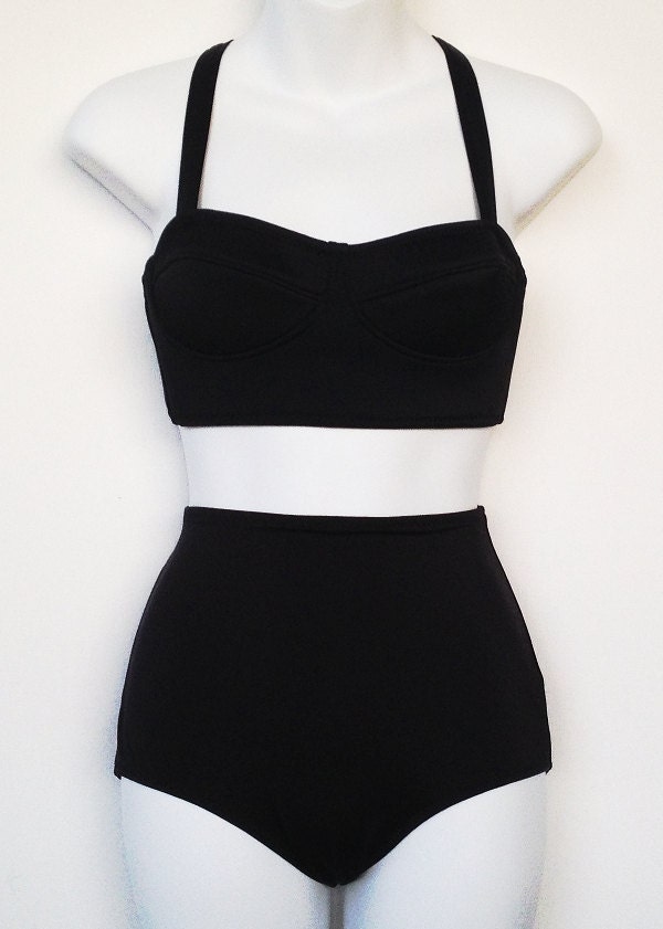 Black Classic Retro High Waisted Bikini Bottom S M L Xl 7337