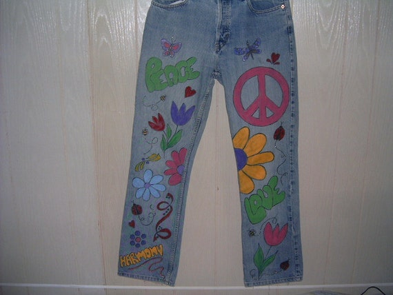 Items similar to Painted Jeans Hippie Peace Love Retro 70's Style ...