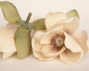 Silk Flowers - 2 Stunning Khaki and Cream Magnolias - Artificial Flowers - ITEM 0131
