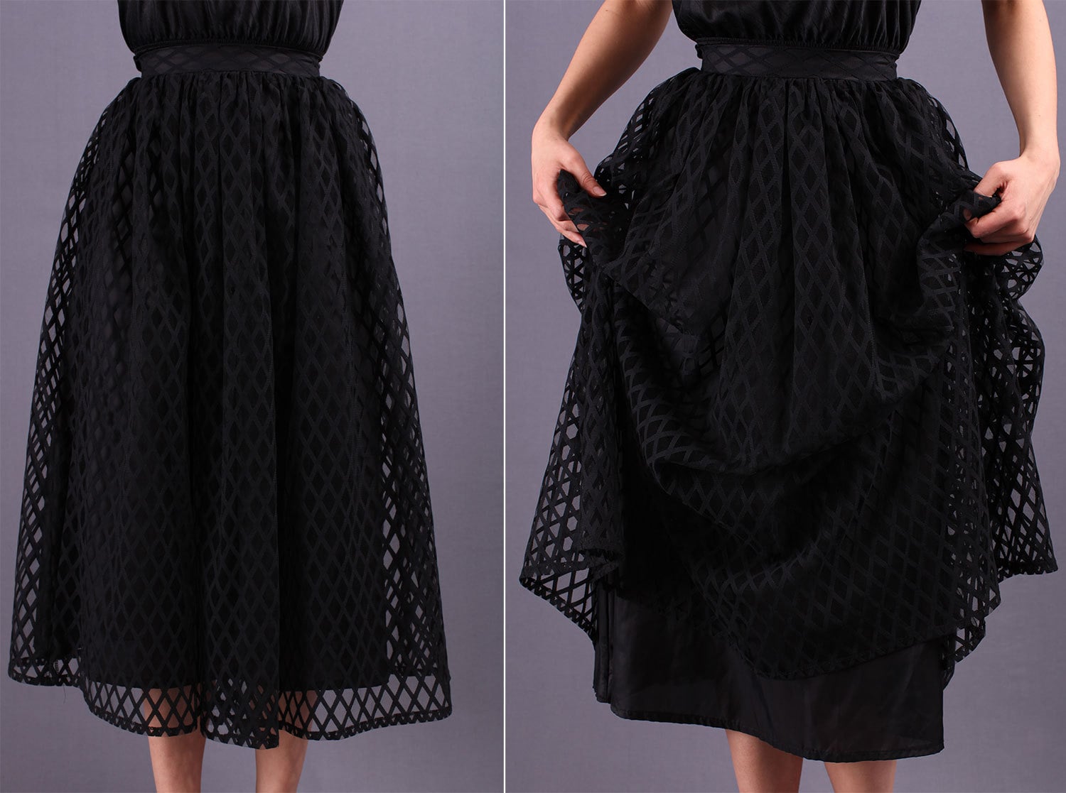 1950s Style Full Skirt / Layered Black Lace Midi Skirt / XXS