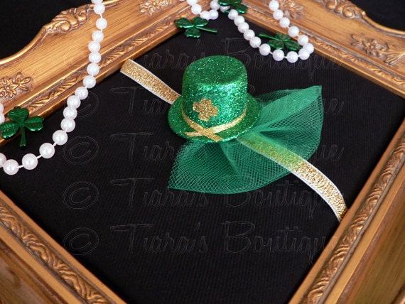 St. Patty's Mini Leprechaun Hat Headband - Girls, Babies, Women For St. Patrick's Day - Newborn Photo Prop - Green Gold w/ Shamrock