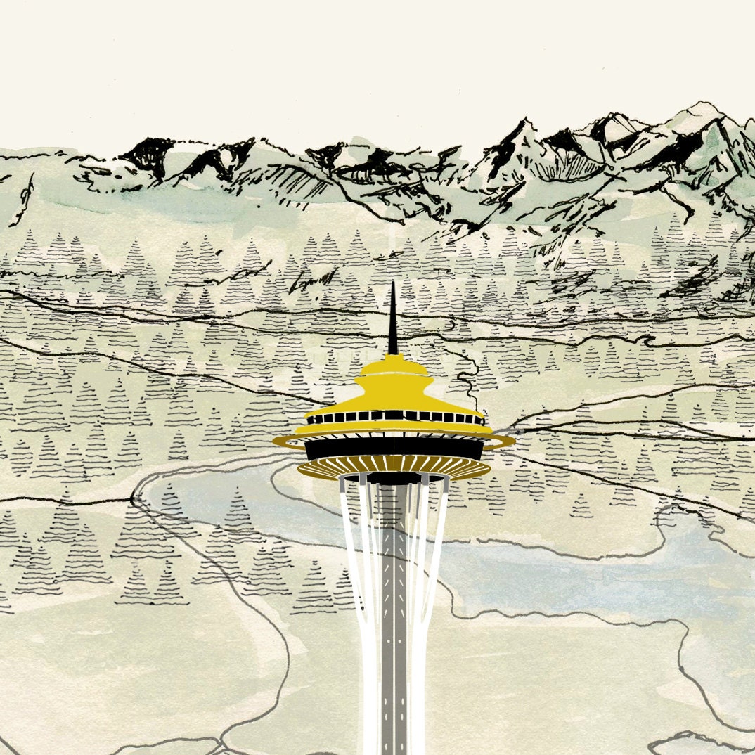 Seattle SPACE NEEDLE Art Print City Map by turnofthecenturies