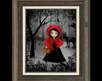 Whimsical Fairytale Art Print -- Dark - fantasy - Art Digital Painting - Red Riding Hood