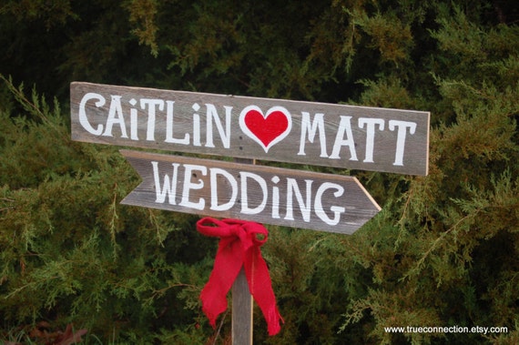 Wedding Sign Rustic Romantic Outdoor Weddings Red Heart Hand Painted Reclaimed Wood. Rustic Weddings. Vintage Weddings. Road Signs.