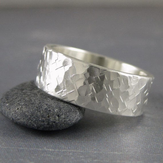 Rugged hammered mens wedding band in recycled sterling silver ...