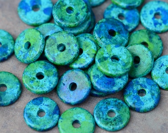 25 Mykonos Greek Ceramic Beads - AEGEAN 13mm Round Large Holed Disk Beads