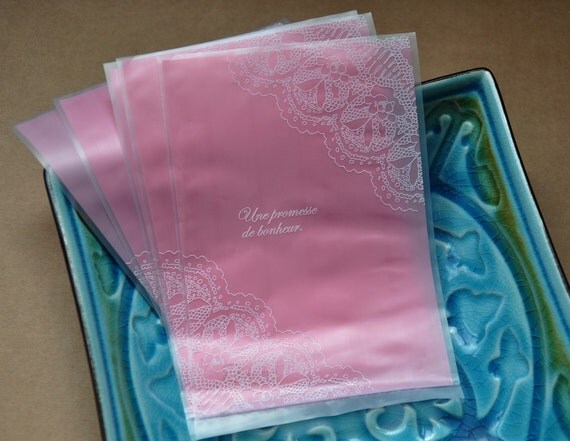25pcs Pink Lace Plastic Small Gift bags10cm x 14.5cm