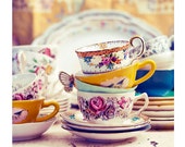 Still Life Photograph - Tea Party 8x8 Print - Shabby Chic Photo, Vintage Teacups Photo, Yellow, Charming Cottage Photography