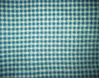 Vintage 60's Gingham Polished Cotton Fabric Yardage Aqua White Check 5 yds.