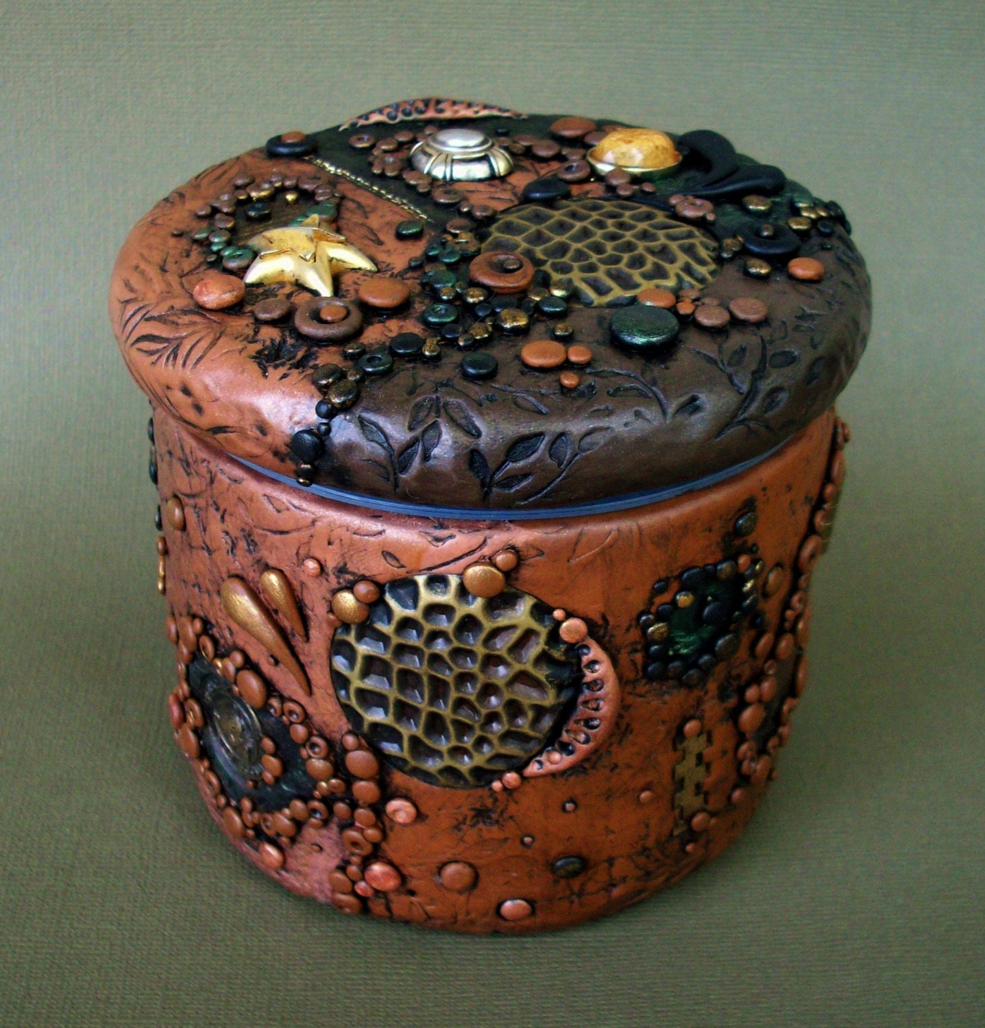 Lidded Jar Vase Polymer Clay and Glass Found Object Art