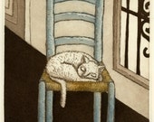 Blue Chair with Cat,etching,rustic home,farm kitchen,yellow ochre, blue, printmaking, cat, chair,rush seat,chocolate brown,home interior