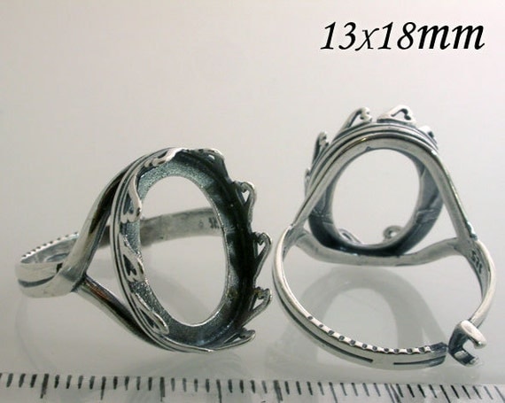 Oval 18x13mm Ring Heart Bezel Cups for Setting Antique Oxidized Sterling Silver 925 (9111)