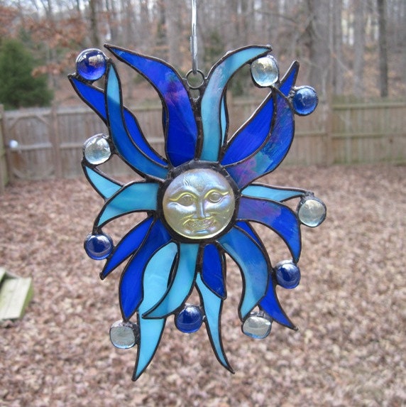 Stained Glass Suncatcher Sun Rays In Cobalt And Sky Blue With