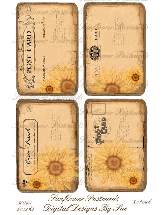 Sunflower Postcards 3x5 Printable Digital Collage Sheet