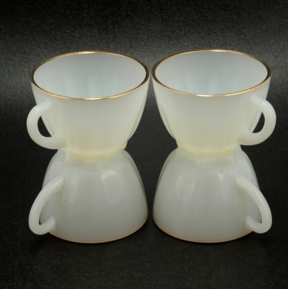 Classic Anchor Hocking FireKing Milk Glass Cups w 22K Gold