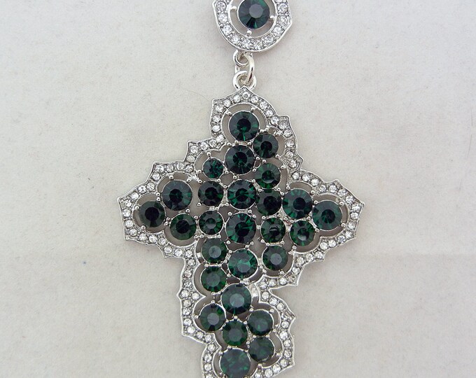 Cross Pendant with Emerald and Clear Rhinestones