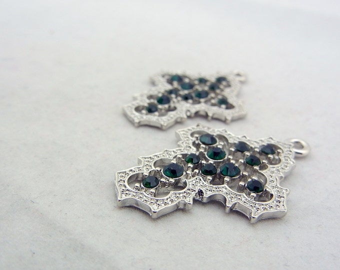 Silver-tone Abstract Cross Charms with Emerald and Clear Rhinestones