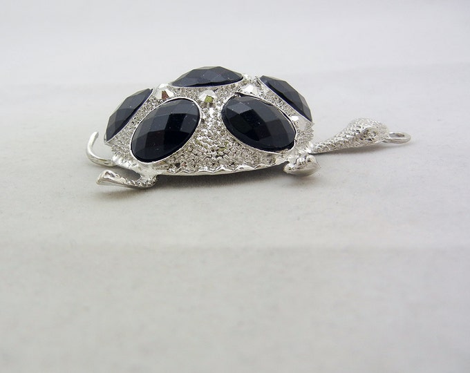 Textured Silver-tone Turtle Pendant with Black Acrylic Cabochons