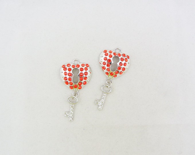 Pair of Heart Shaped Lock and Key Charms Silver-tone Red Rhinestones