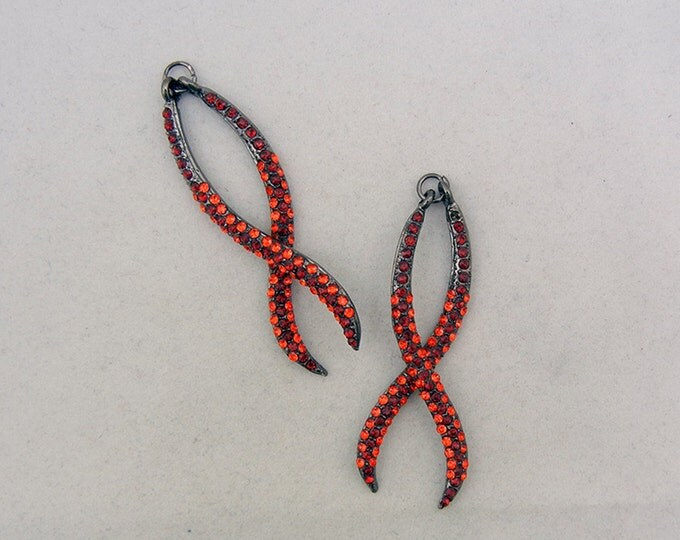 Pair of Hematite Red Rhinestone Ribbon Drops