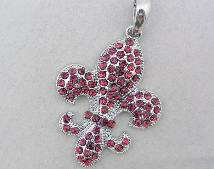 Silver-tone Dark Pink Fuschia Rhinestone Fleur de Lis Pendant