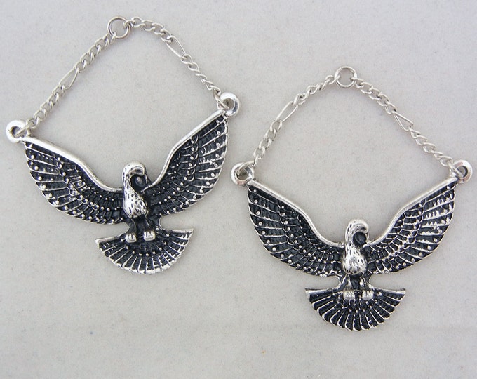 Pair of Antique Silver-tone Dove Charms with Wings Spread and Chain