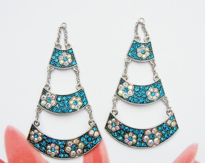 Pair of 3 Tiered Floral Turquoise Blue and Aurora Borealis Rhinestone Drop Charms Silver-tone