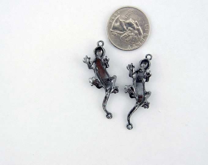 Two Hematite Dark Silver-tone Double Link Lizard Charm Pendants Textured