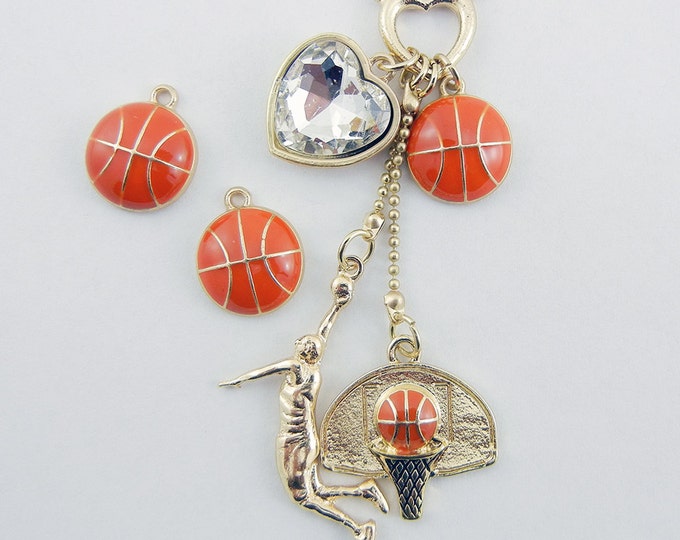 Set of Gold-tone with Orange Epoxy Basketball Charms and Pendant
