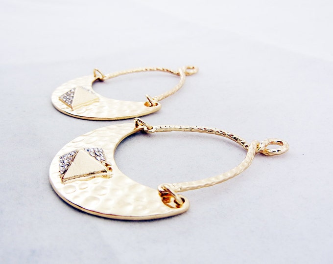 Pair of Gold-tone Crescent Shape Drop Charms Tribal with Rhinestone Pyramid