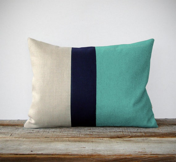 Mint Colorblock Decorative Pillow Cover with Navy and Natural