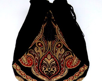 Black Velvet Tapestry Pocket Boho Bag Drawstring Bag Bohemian Bag Crossbody Purse