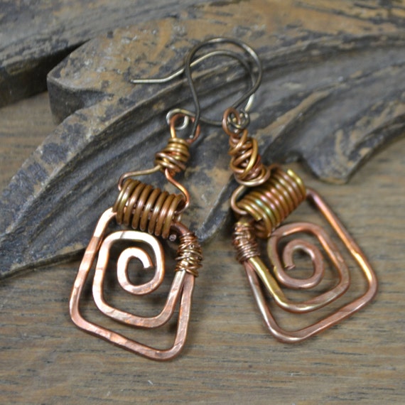 Handmade Funky Square Spiral Copper Earrings