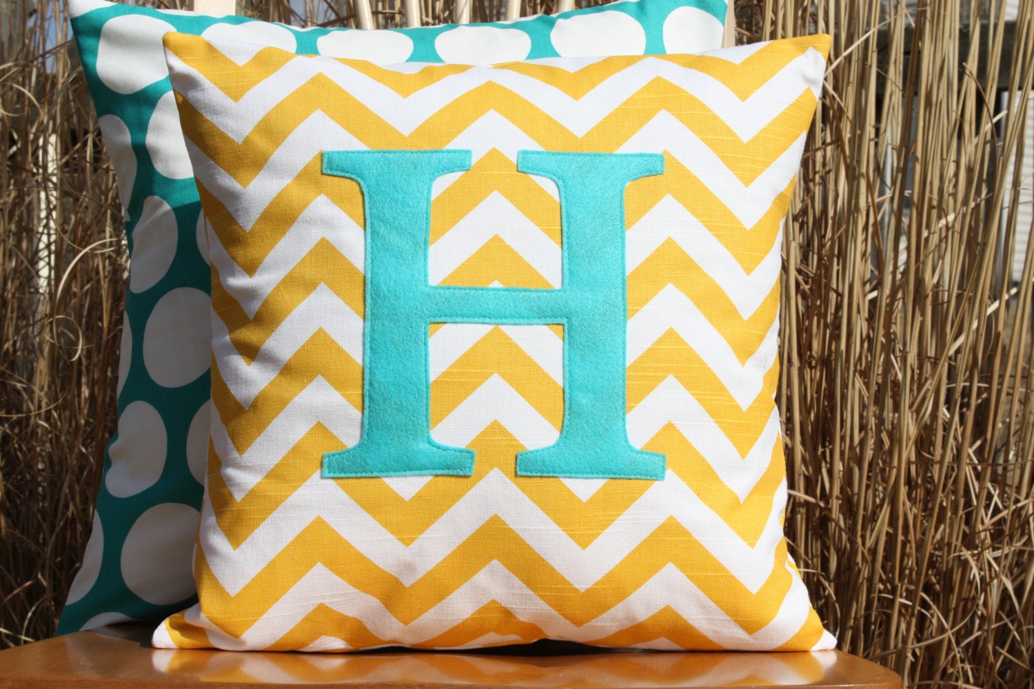NEW Monogrammed Yellow Chevron and Turquoise Throw Pillow