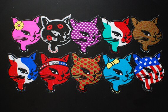 Set of ALL 10 GLITTER Winking Cat Stickers Retro Vending