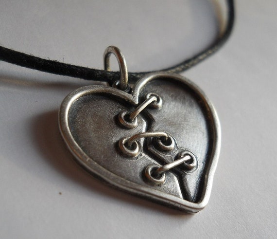 sewn heart pendant sterling silver hand by Q2jewelrycollection