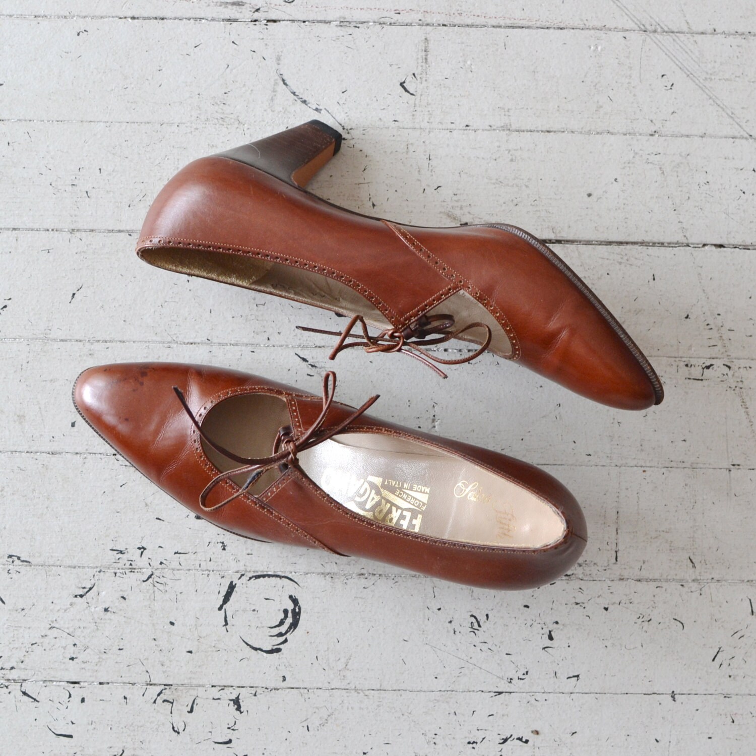 Salvatore Ferragamo shoes / tooled leather oxfords / heeled