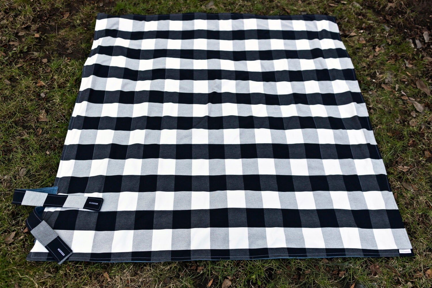 Picnic Blanket Black and White Gingham with Denim by SewnNatural