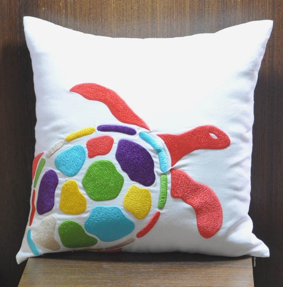 Sea Turtle Pillow Cover White Linen Sea Turtle by KainKain on Etsy