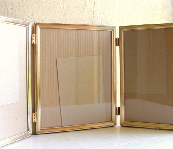 Gold Metal Hinged Picture Frame Triple 8x10 Tri-fold Unique