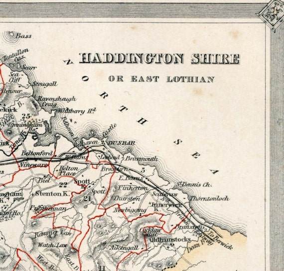 1868 Rare HandColoured Antique Map of Haddington by bananastrudel