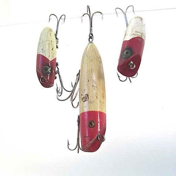 Antique RedHead Wooden Fishing Lures 1930s Vintage Red and