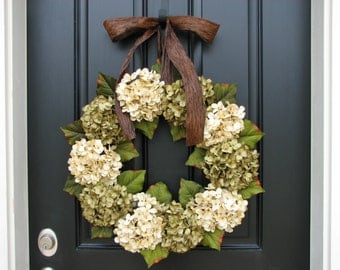 Wreaths - Hydrangea Wreath - Green Hydrangea Blooms - Wedding Decor - Wreaths for Spring - Spring Summer Wreaths - Brown Ribbon Bows