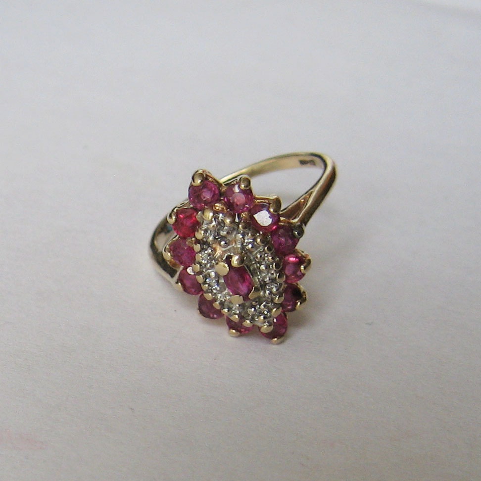 Antique Ruby and Diamond Cocktail Ring in 10K gold size 5.75