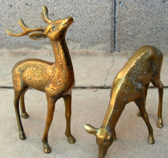 Vintage Brass Deer Doe Buck Statues Pair