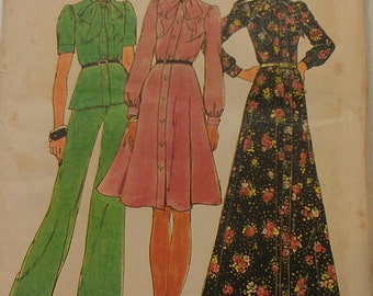1970s Button Front Dress Top Pants Size 14 Simplicity 6664