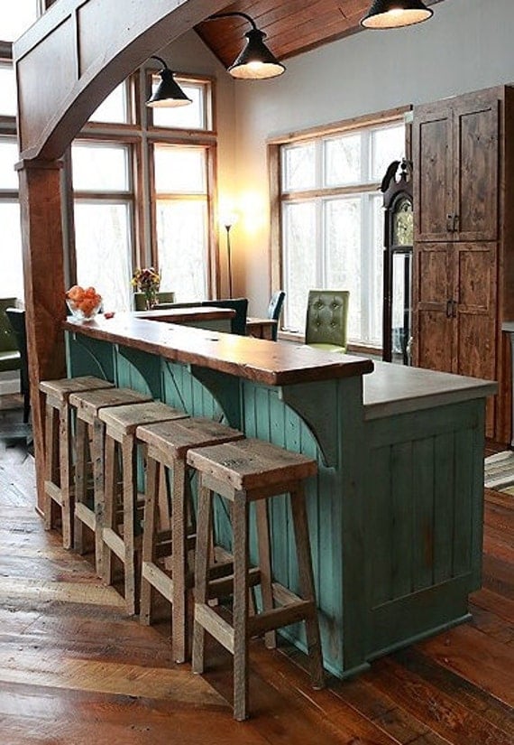 YOUR Reclaimed Rustic and Recycled Oak Barn Wood Rectangle Top Bar Stool with a 18" - 36" Tall seats with FREE SHIPPING - REBS118